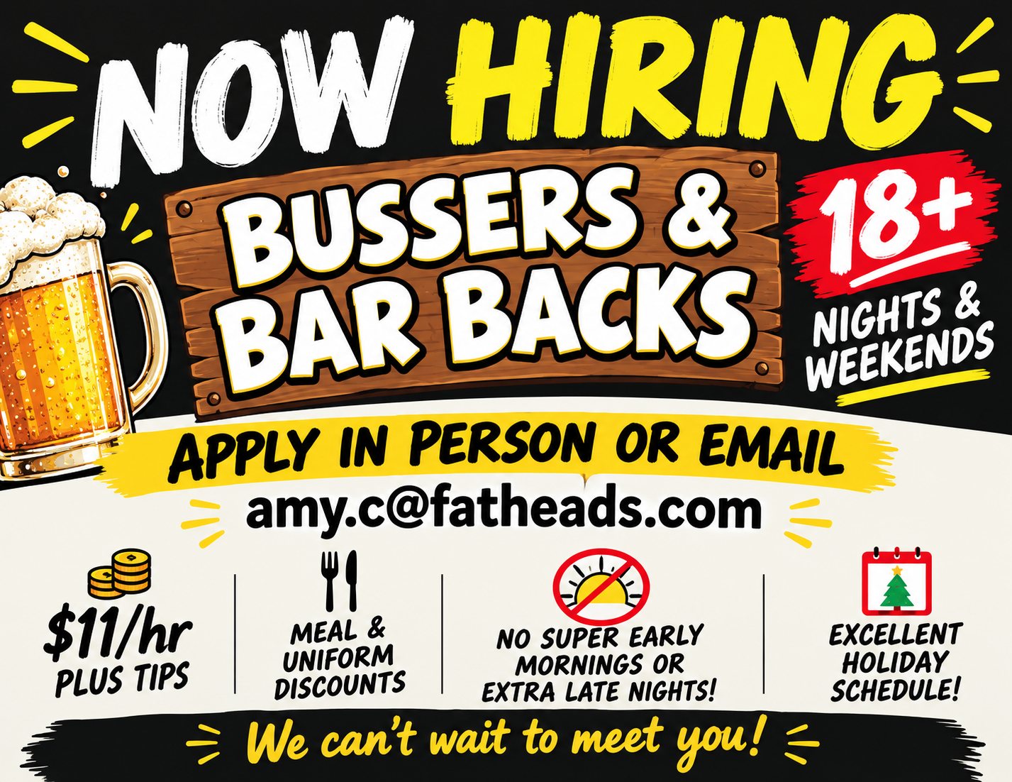 NOW HIRING BUSSERS & BAR BACKS